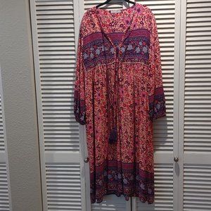 Women's Long Sleeve Floral Print Retro V Neck Tassel Bohemian Midi Dress